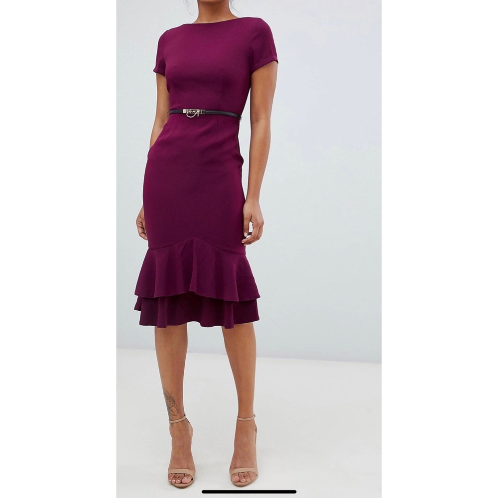 Cap sleeve pencil dress with ruffle hem